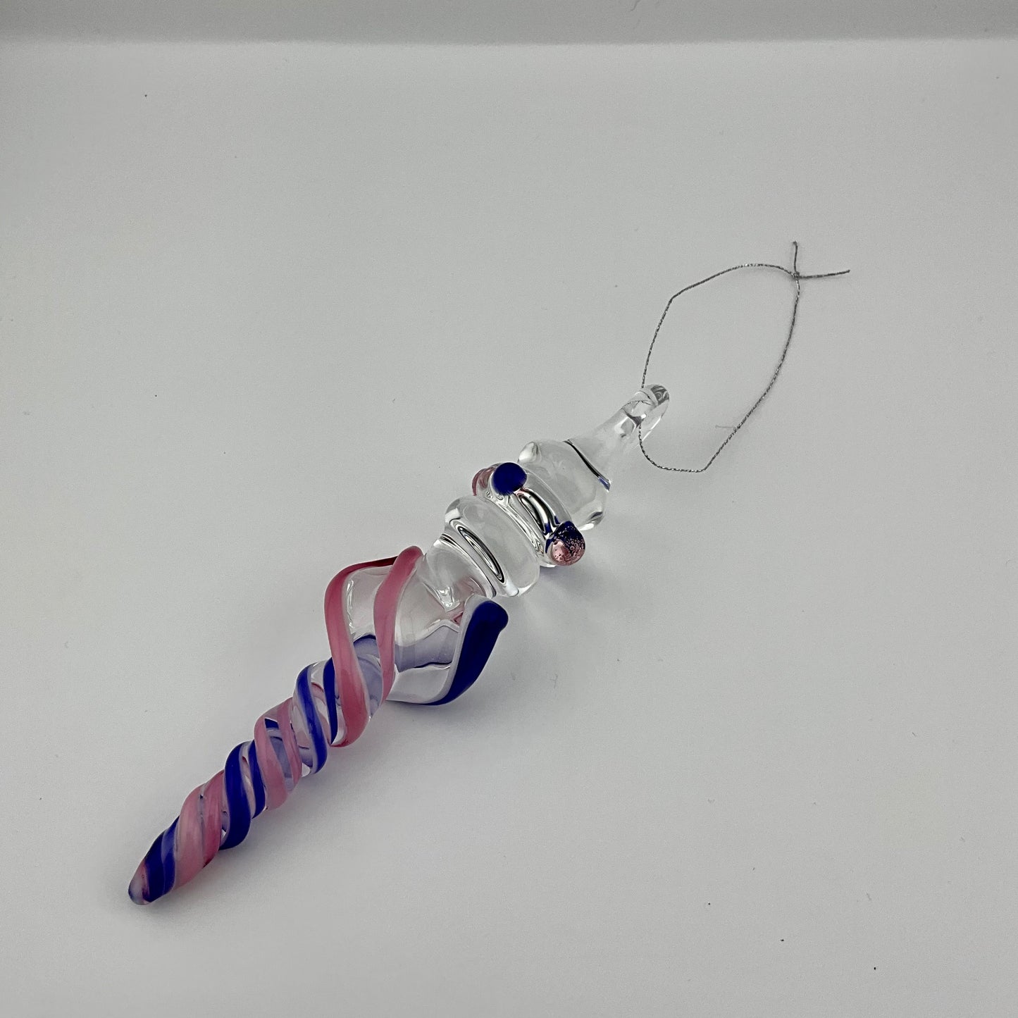 Telemagenta and Neptune Blue Glass Icicle Christmas Ornaments with clear Maria - JeffBeckerGlass.com