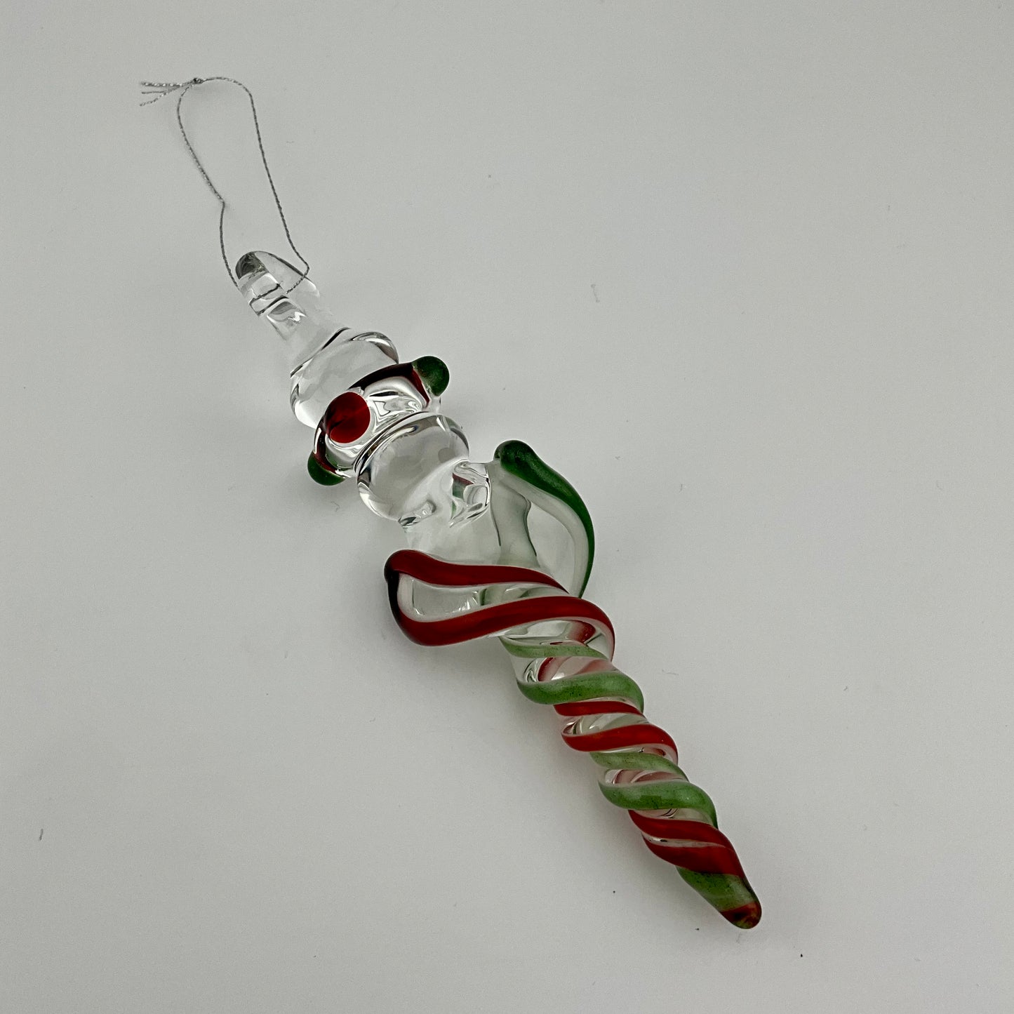 Sparkly Green and Elvis Red Glass Icicle Christmas Ornaments with clear Maria - JeffBeckerGlass.com