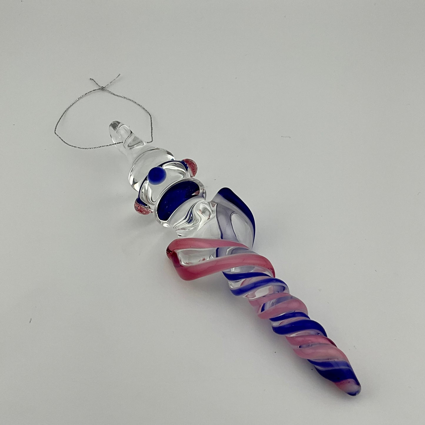 Telemagenta and Neptune Blue Glass Icicle Christmas Ornaments with clear Maria - JeffBeckerGlass.com