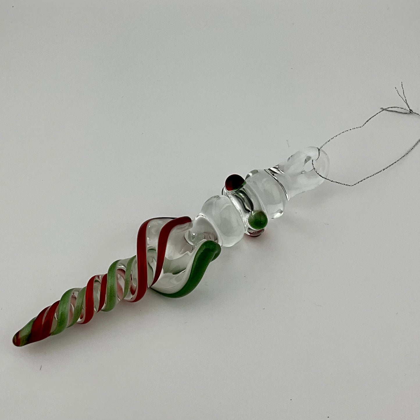Sparkly Green and Elvis Red Glass Icicle Christmas Ornaments with clear Maria - JeffBeckerGlass.com