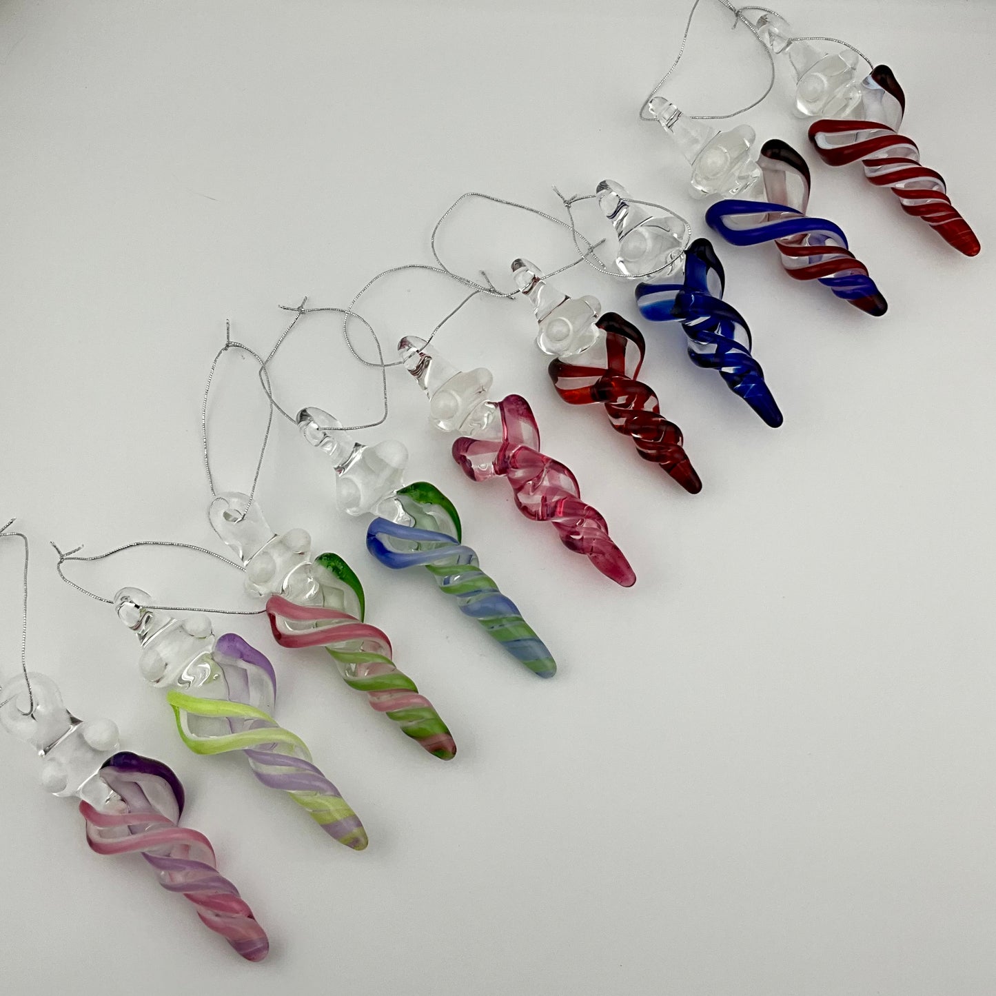 Mini Slymm Green and Pink slymm over White Glass Icicle Ornaments - JeffBeckerGlass.com