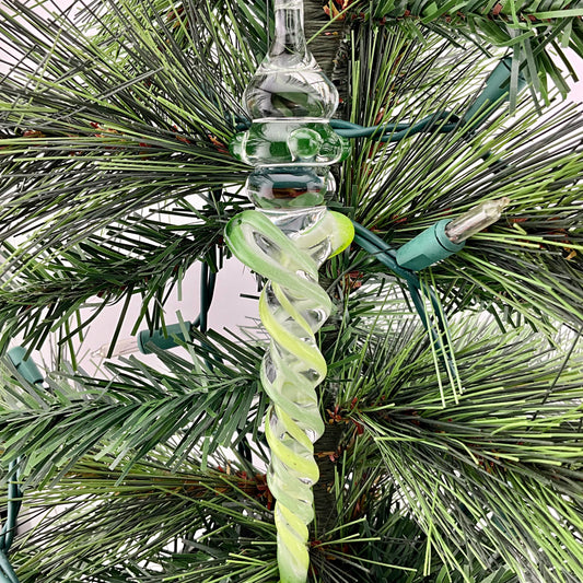 Slime Green and Sparkly Green and Glass Icicle Christmas Ornaments with clear Maria - JeffBeckerGlass.com
