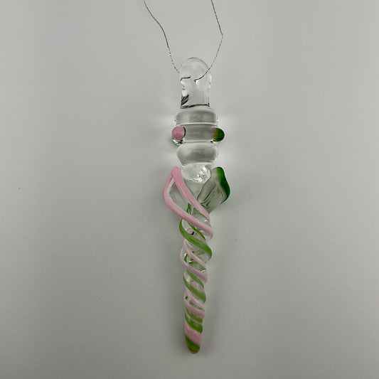 Pink Cadillac and Plantphibian Green Glass Icicle Ornament with Maria’s - JeffBeckerGlass.com
