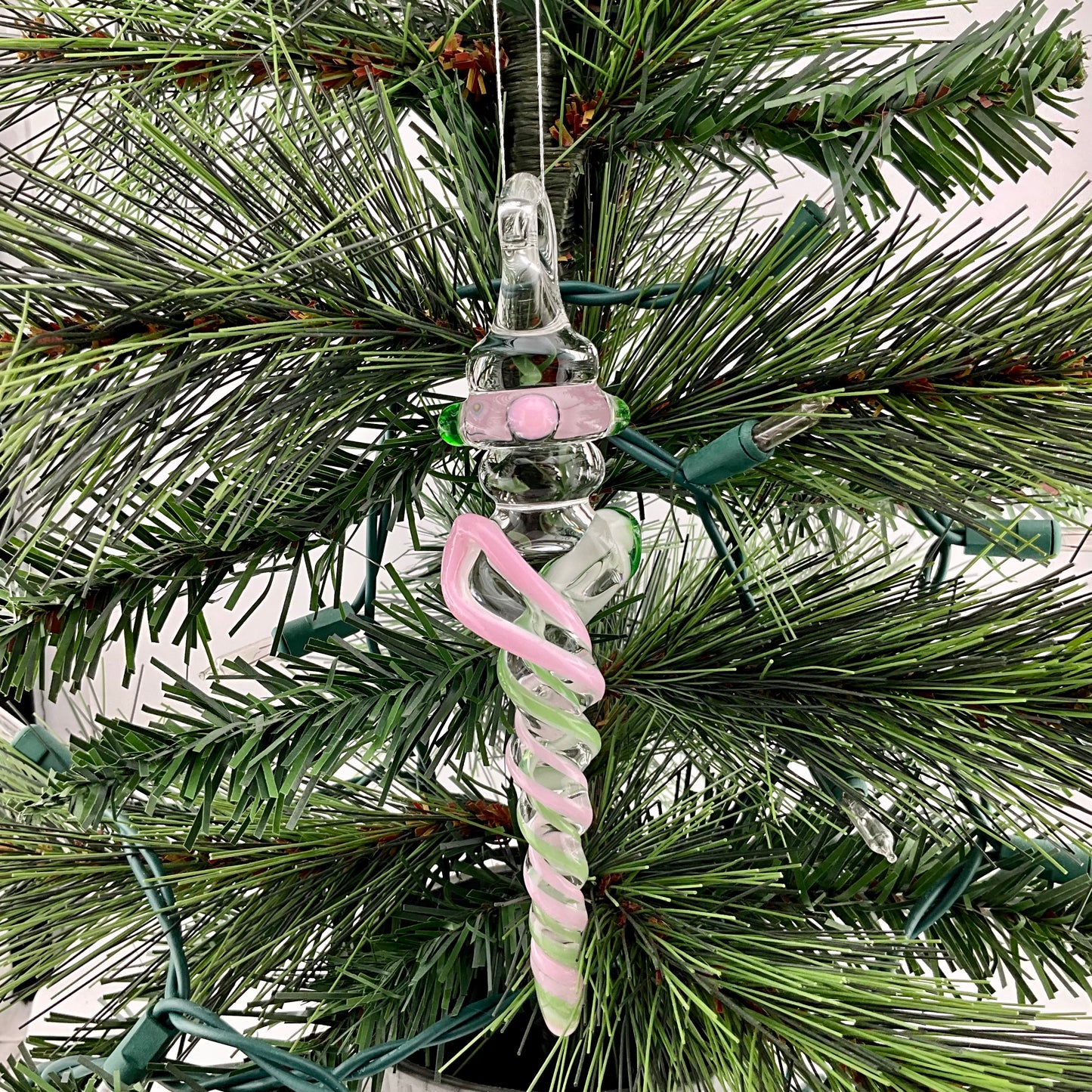 Pink Cadillac and Plantphibian Green Glass Icicle Ornament with Maria’s - JeffBeckerGlass.com