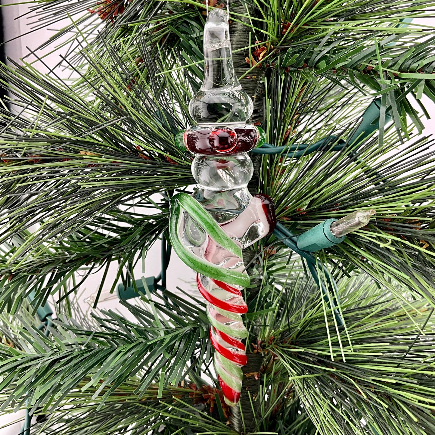 Sparkly Green and Elvis Red Glass Icicle Christmas Ornaments with clear Maria - JeffBeckerGlass.com