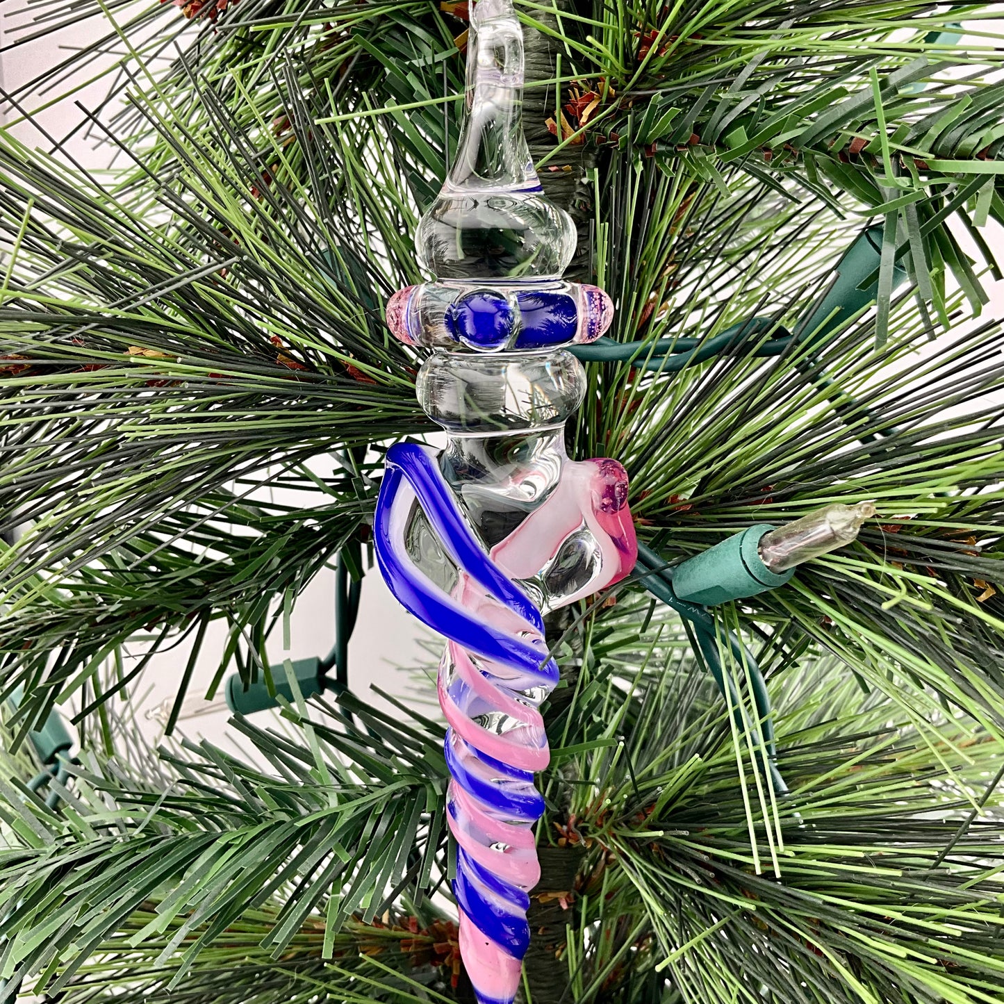 Telemagenta and Neptune Blue Glass Icicle Christmas Ornaments with clear Maria - JeffBeckerGlass.com