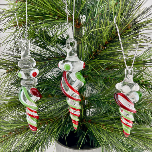 3 Pack Elvis Red and Sparkly Green over Lotus White Glass Icicle Ornament  "Holiday Special"