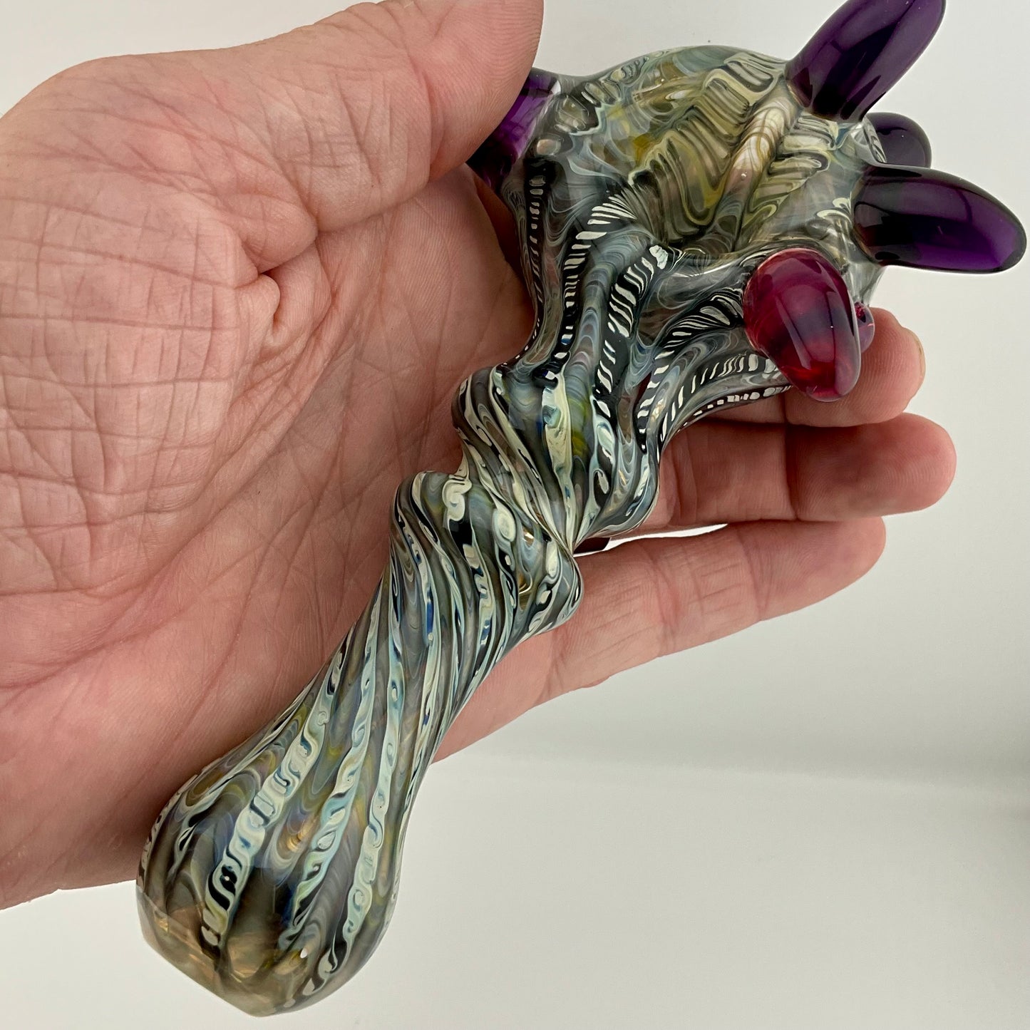 Wrap n Raked Black and Caramel Silver Fumed Spoon Pipe with light blue marbles