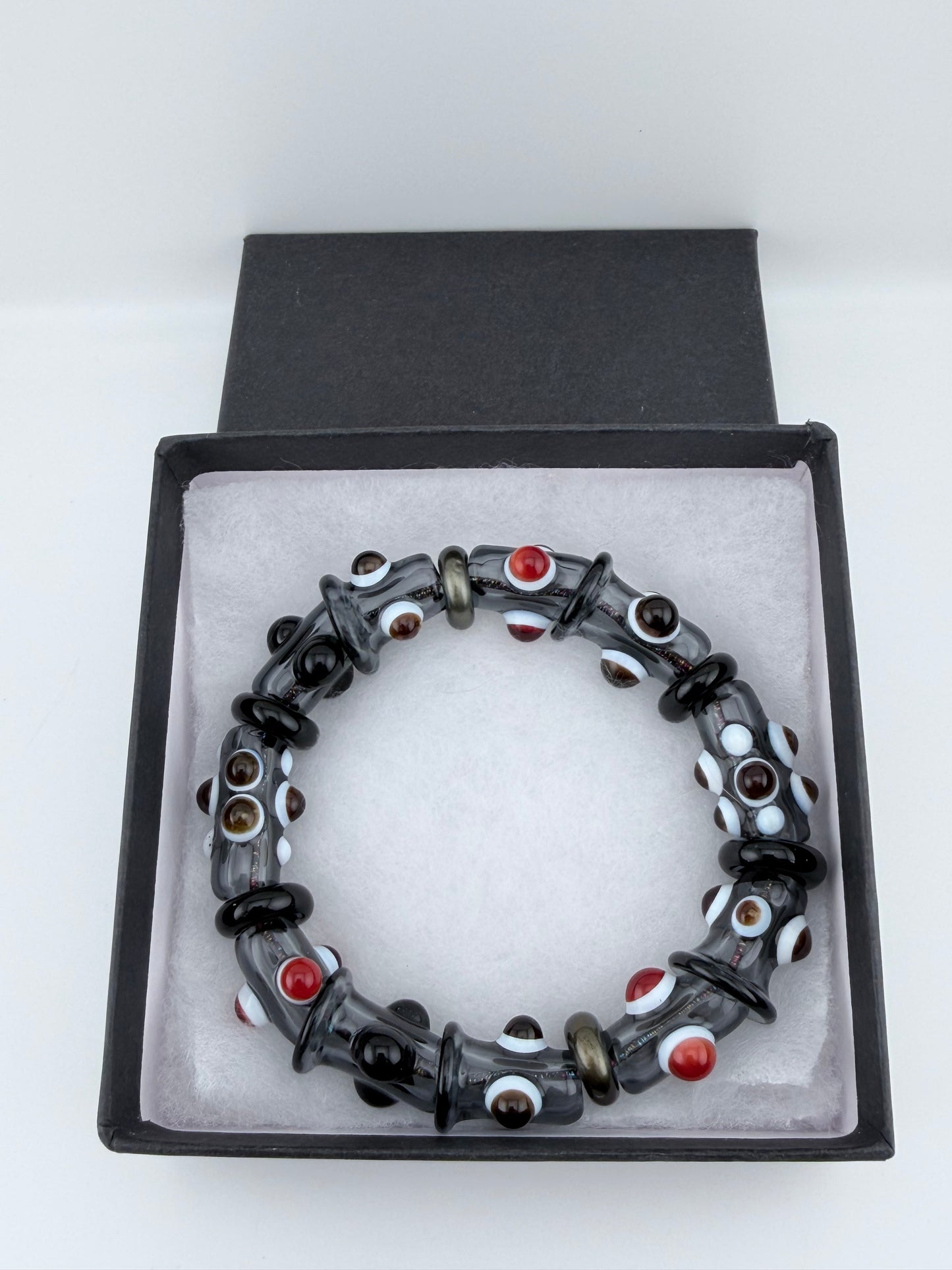7inch Black & Grey Glass Stretchy Bracelet – Handmade Borosilicate Jewelry