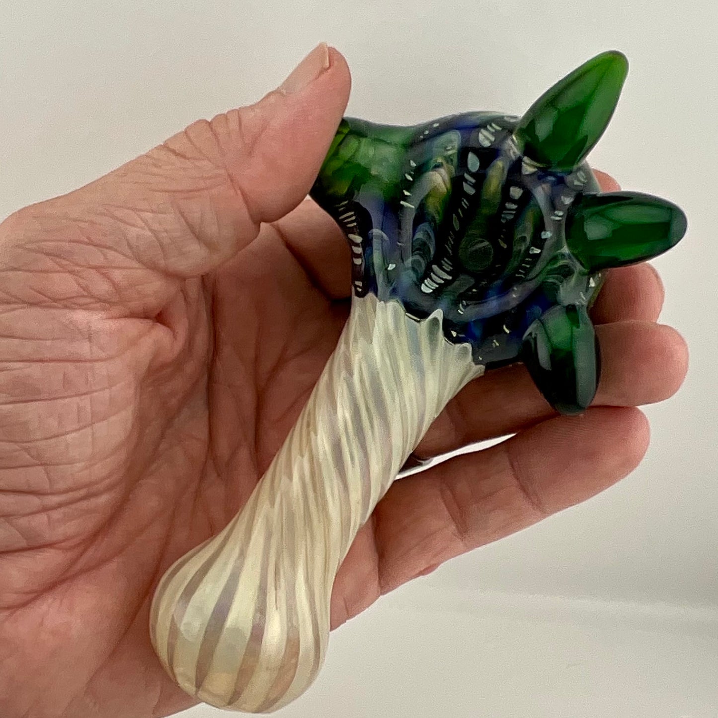 Wrap n Rake Twist Green and Silver Fumed Spoon Pipe with light blue marbles