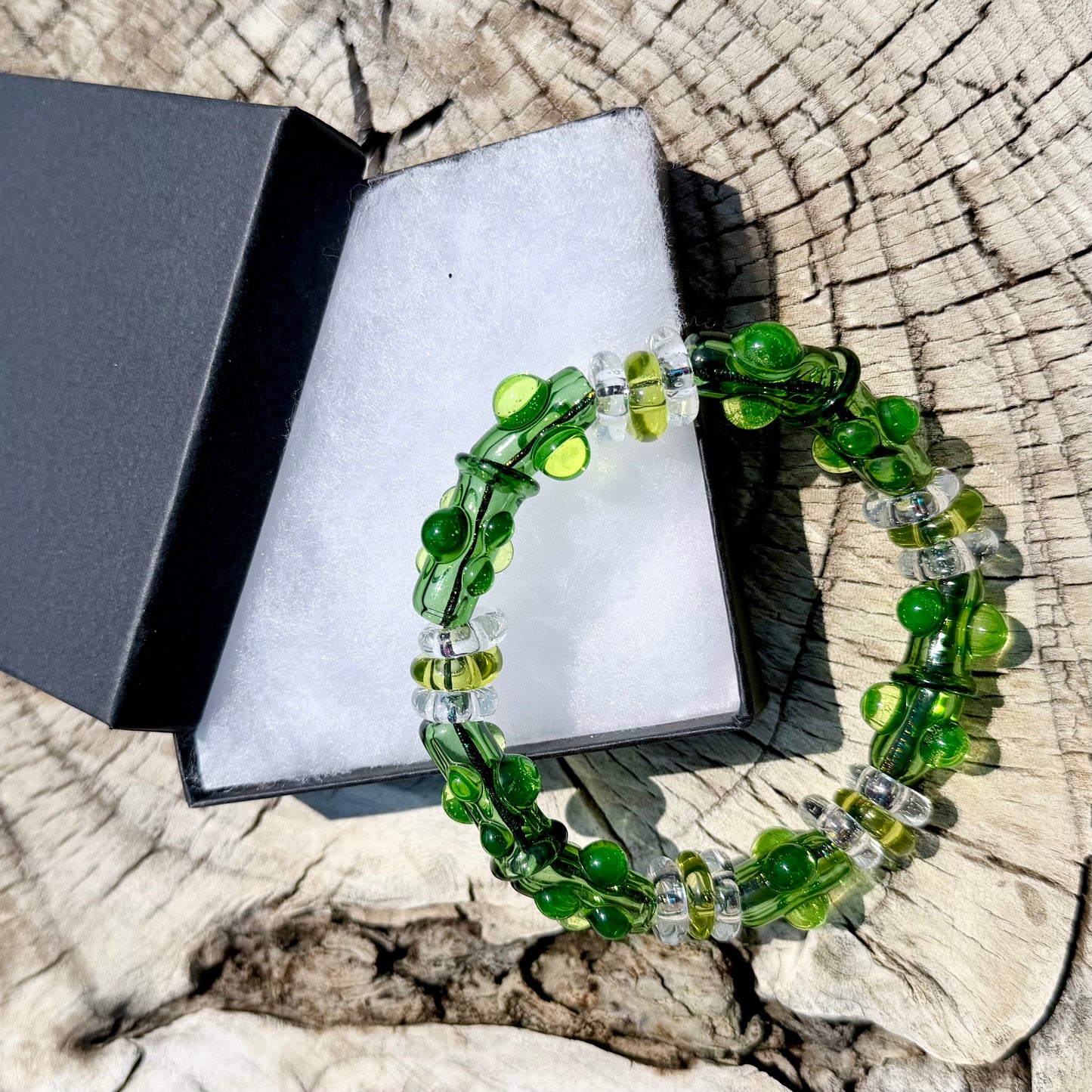 Stretchy  Green Glass Bracelet and dots that Glow Bright Green Under Black Light