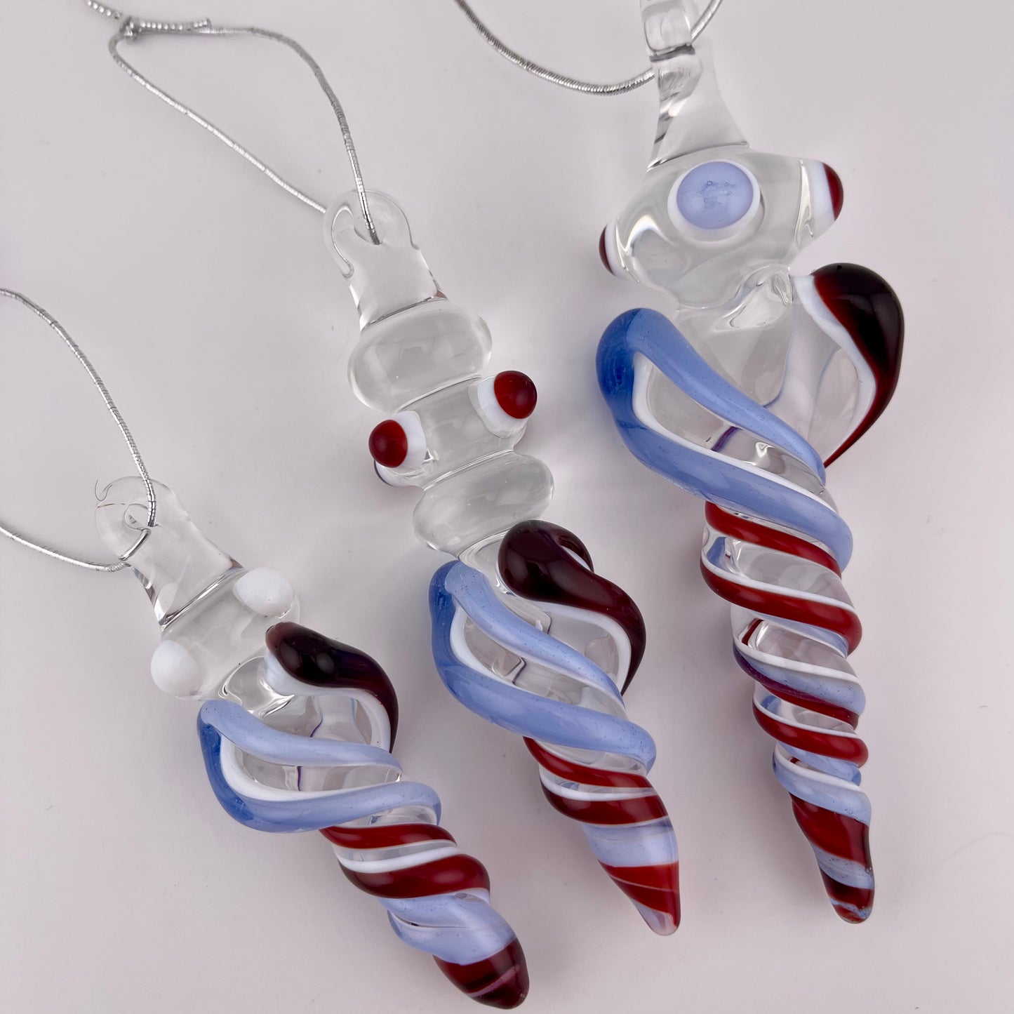 3 Pack Light Blue and Elvis Red over Lotus White Glass Icicle Ornament  "Holiday Special"
