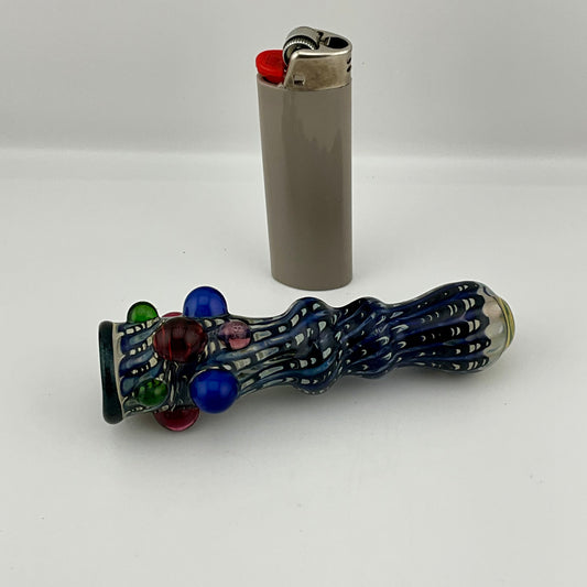 Blue Wrap n Rake Chillum Pipe Fully Worked Pipe Silver Fumed