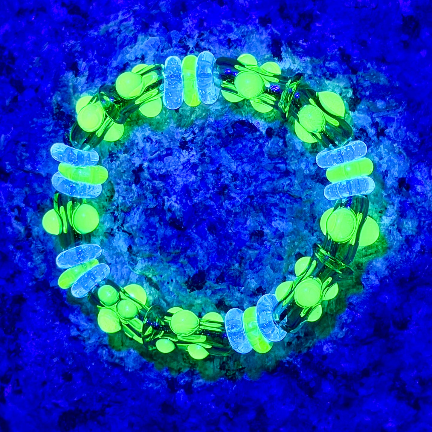 Stretchy  Green Glass Bracelet and dots that Glow Bright Green Under Black Light