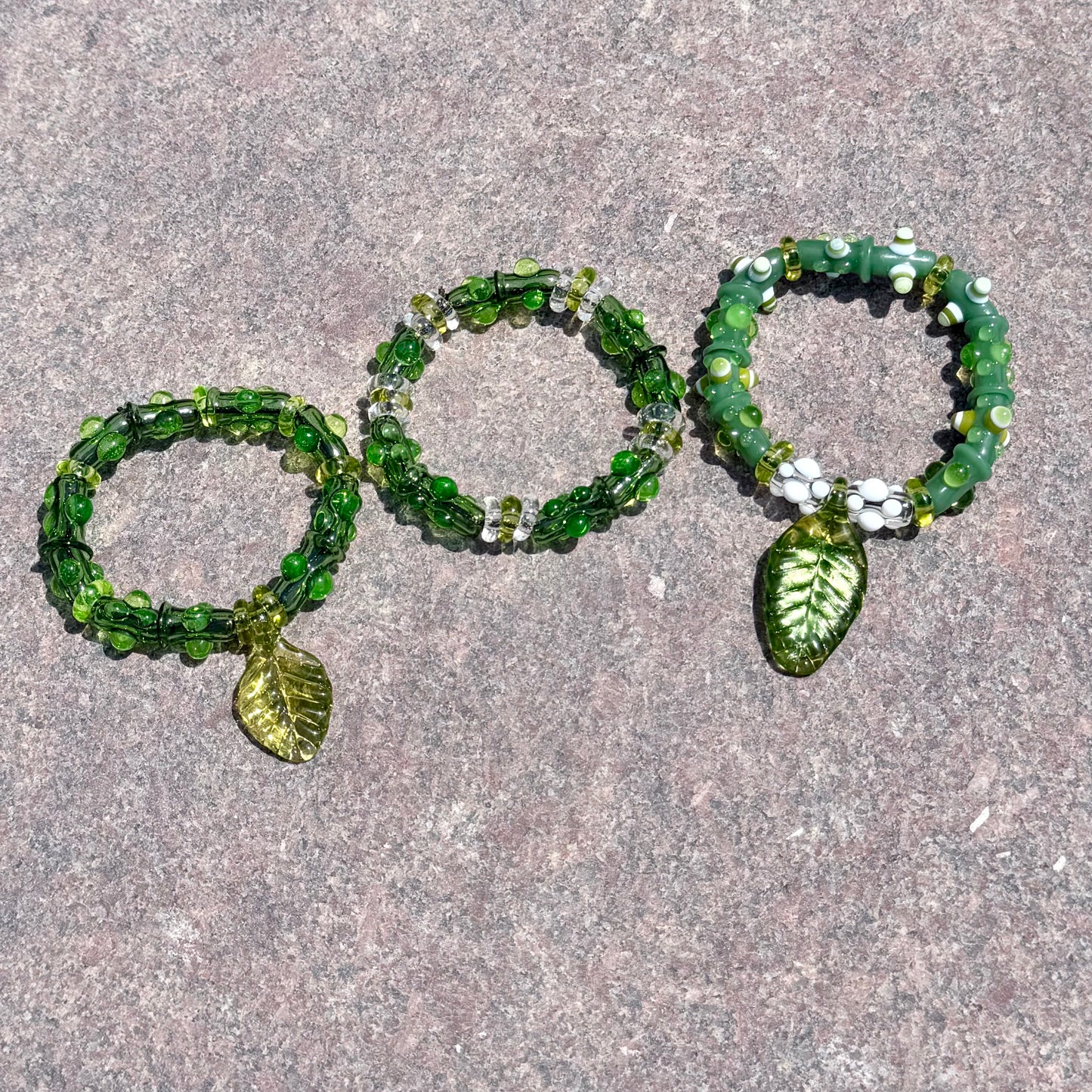 Stretchy  Green Glass Bracelet and dots that Glow Bright Green Under Black Light