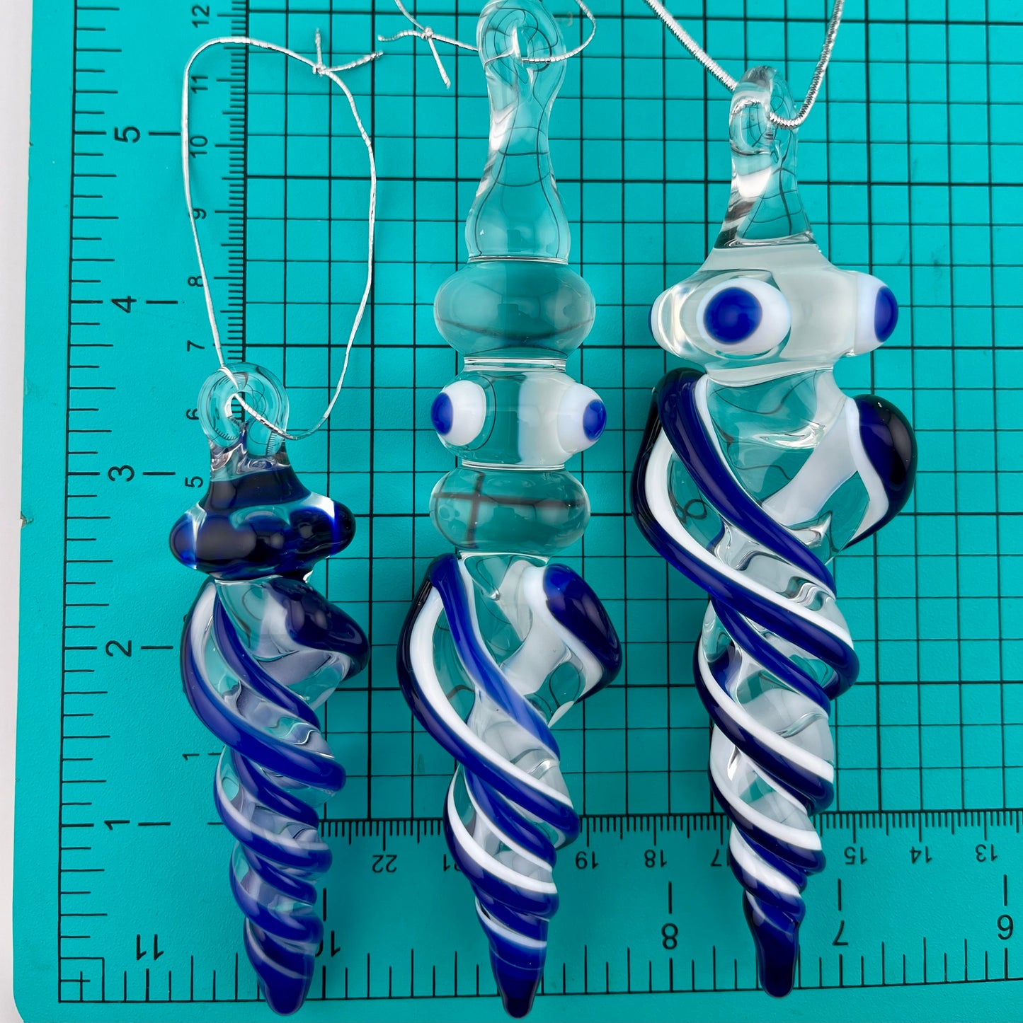 3 Pack Cobalt Blue over Lotus White Glass Icicle Ornament  "Holiday Special"