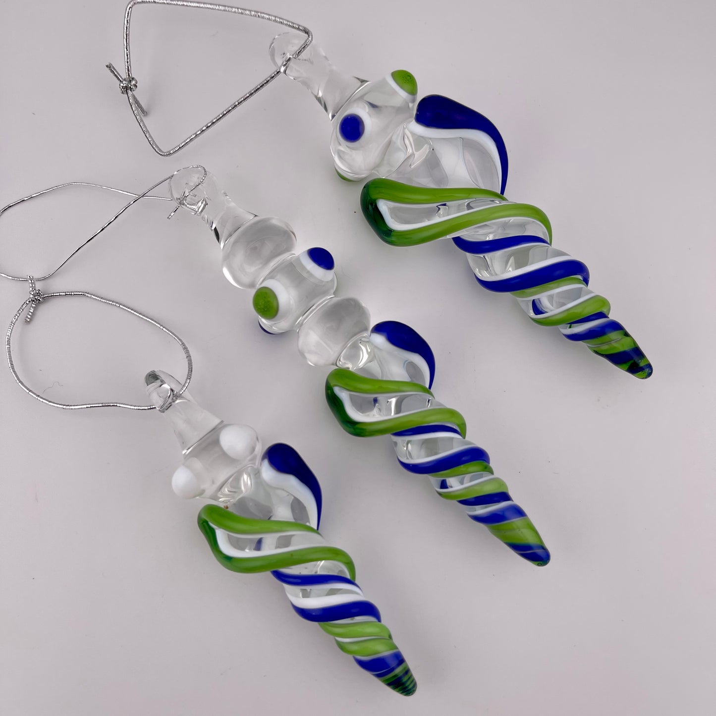 3 Pack Cobalt Blue and Sparkly Green over Lotus White Glass Icicle Ornament  "Holiday Special"