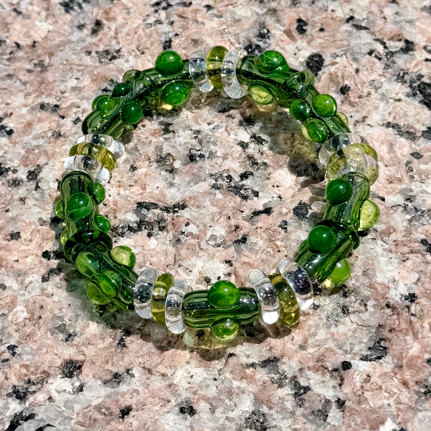 Stretchy  Green Glass Bracelet and dots that Glow Bright Green Under Black Light