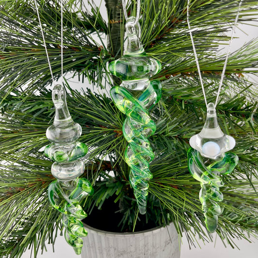 3 Pack Plantphibian Green Glass Icicle Ornament  "Holiday Special"
