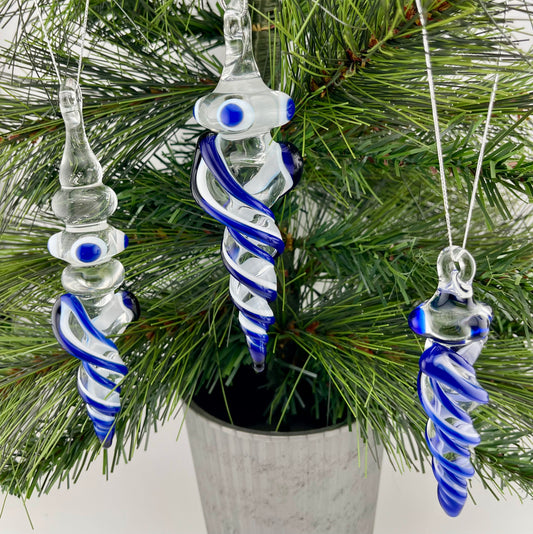 3 Pack Cobalt Blue over Lotus White Glass Icicle Ornament  "Holiday Special"