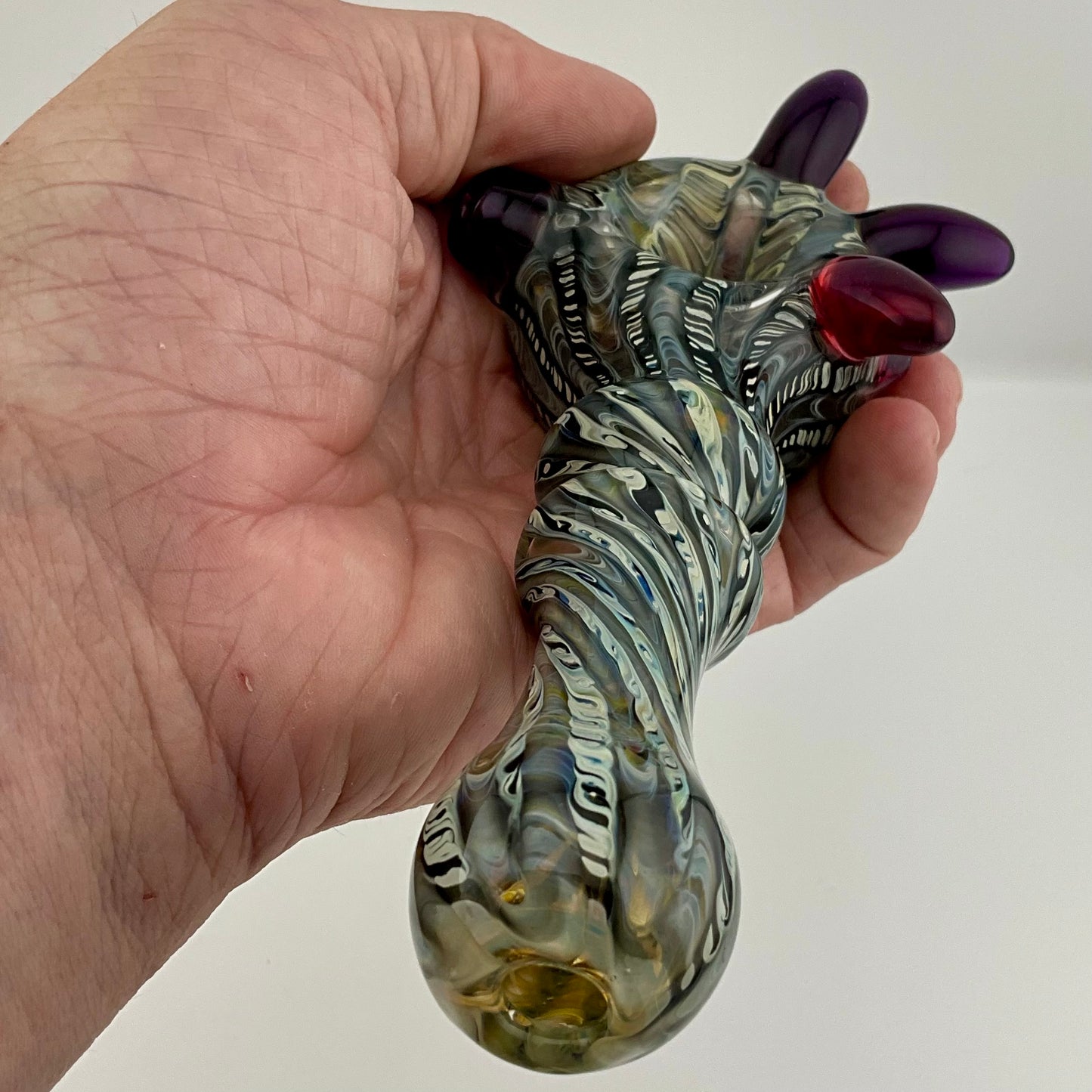 Wrap n Raked Black and Caramel Silver Fumed Spoon Pipe with light blue marbles