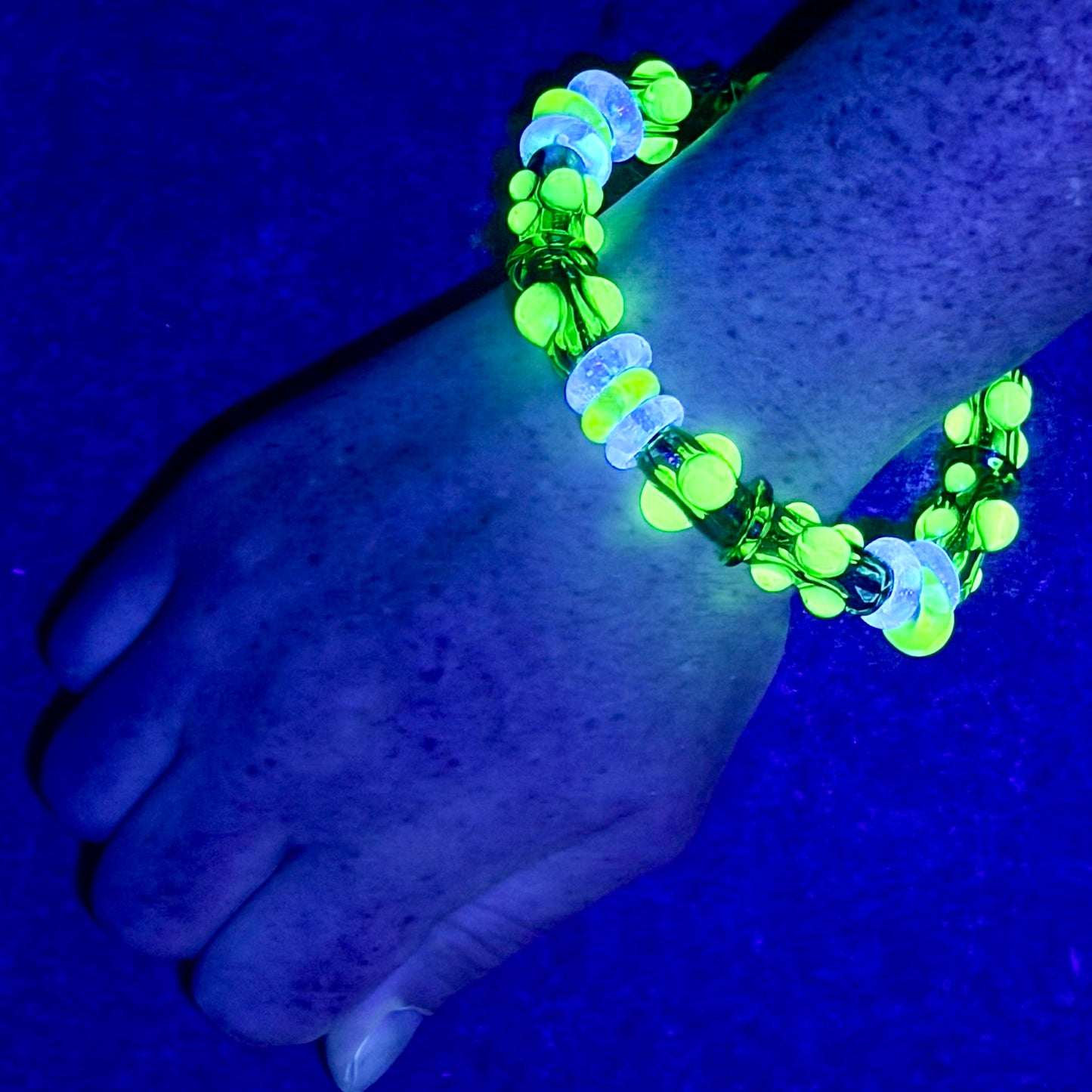Stretchy  Green Glass Bracelet and dots that Glow Bright Green Under Black Light