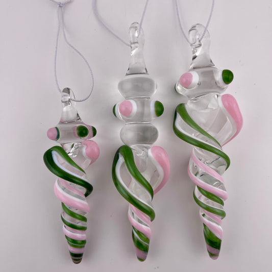 3 Pack Cadillac Pink and Sparkly Green over Lotus White Glass Icicle Ornament  "Holiday Special"