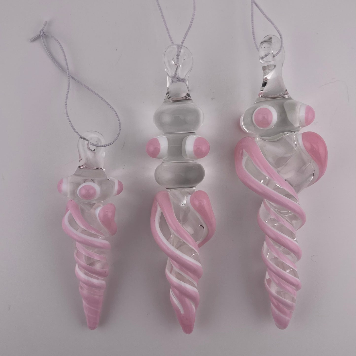 3 Pack Cadillac Pink over Lotus White Glass Icicle Ornament  "Holiday Special"