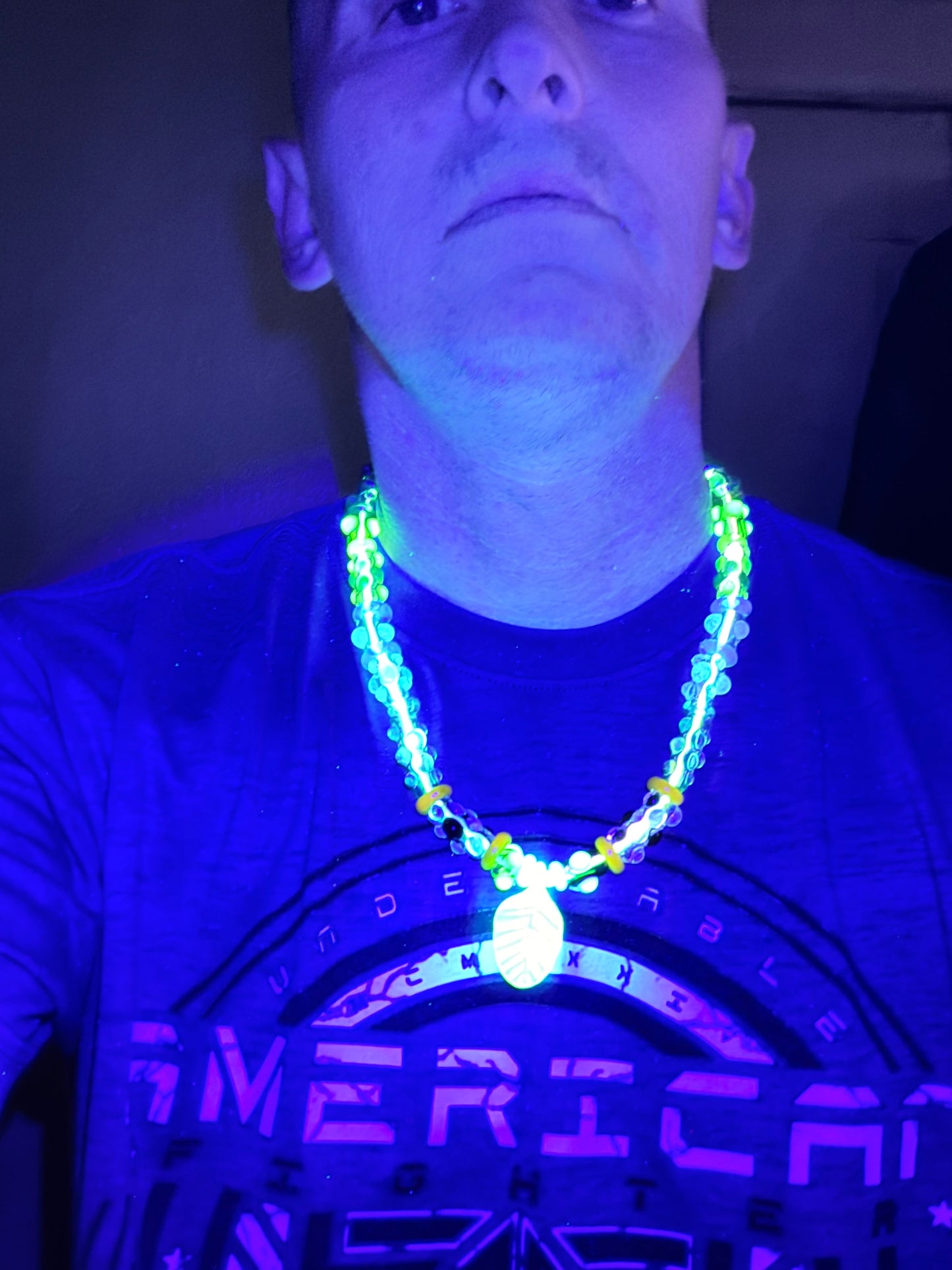 Stretchy Jade Green Glass Necklace with Turtle and dots that Glow Bright Green Under Black Light