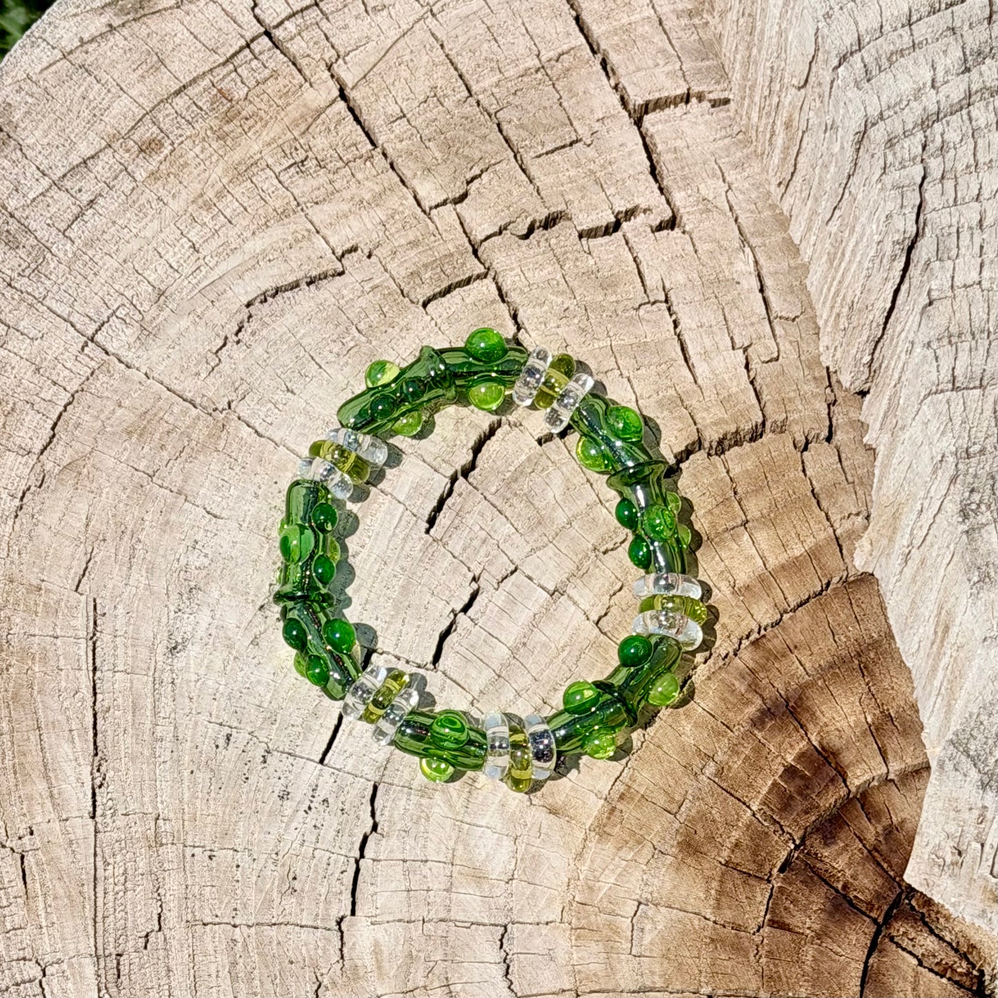Stretchy  Green Glass Bracelet and dots that Glow Bright Green Under Black Light