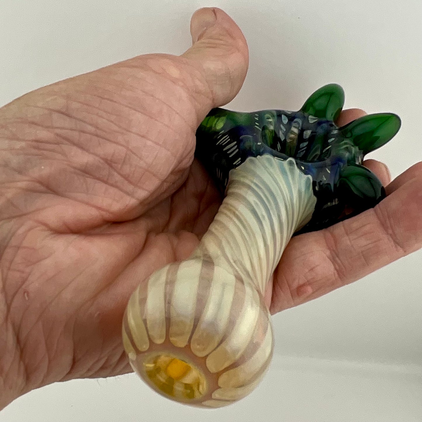 Wrap n Rake Twist Green and Silver Fumed Spoon Pipe with light blue marbles