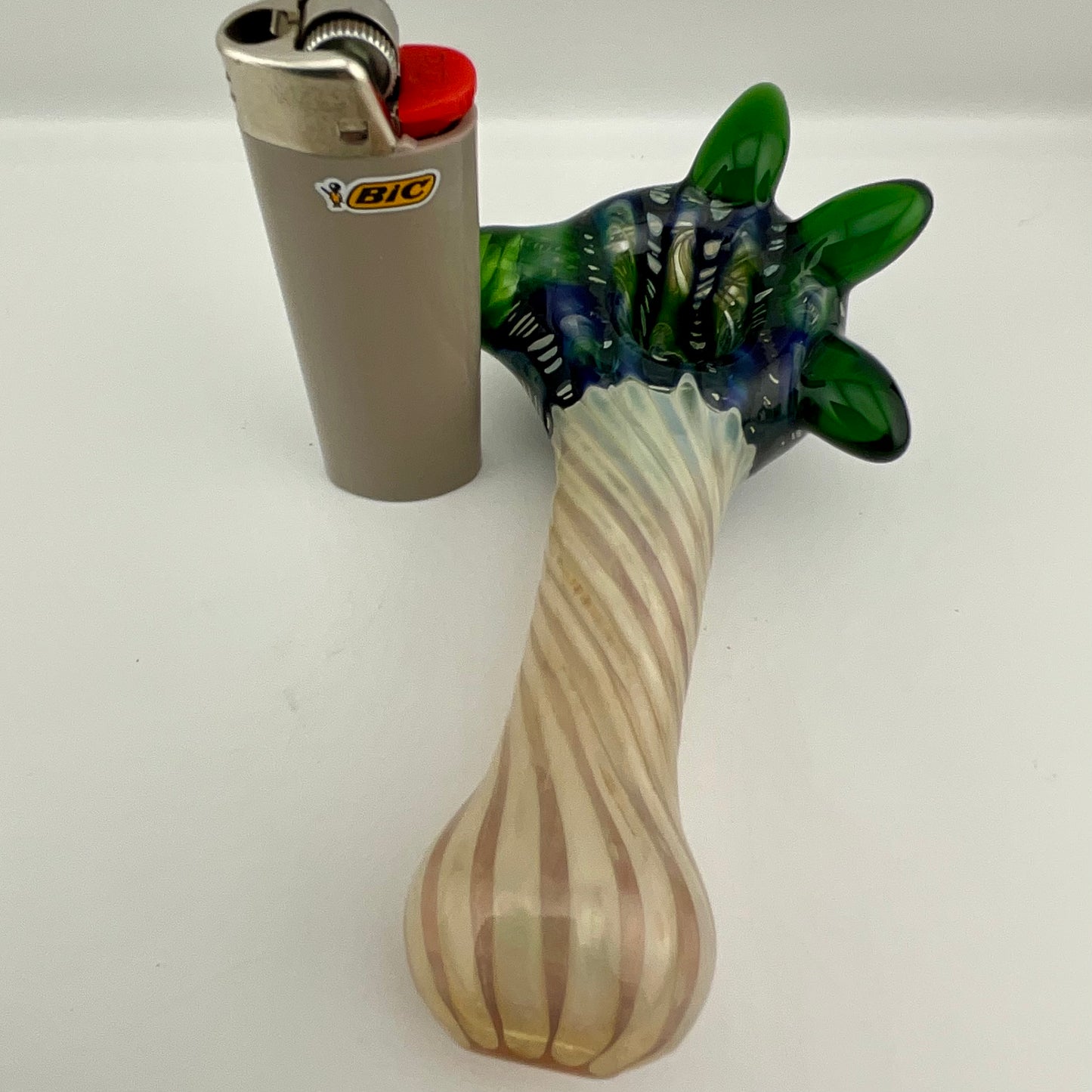 Wrap n Rake Twist Green and Silver Fumed Spoon Pipe with light blue marbles