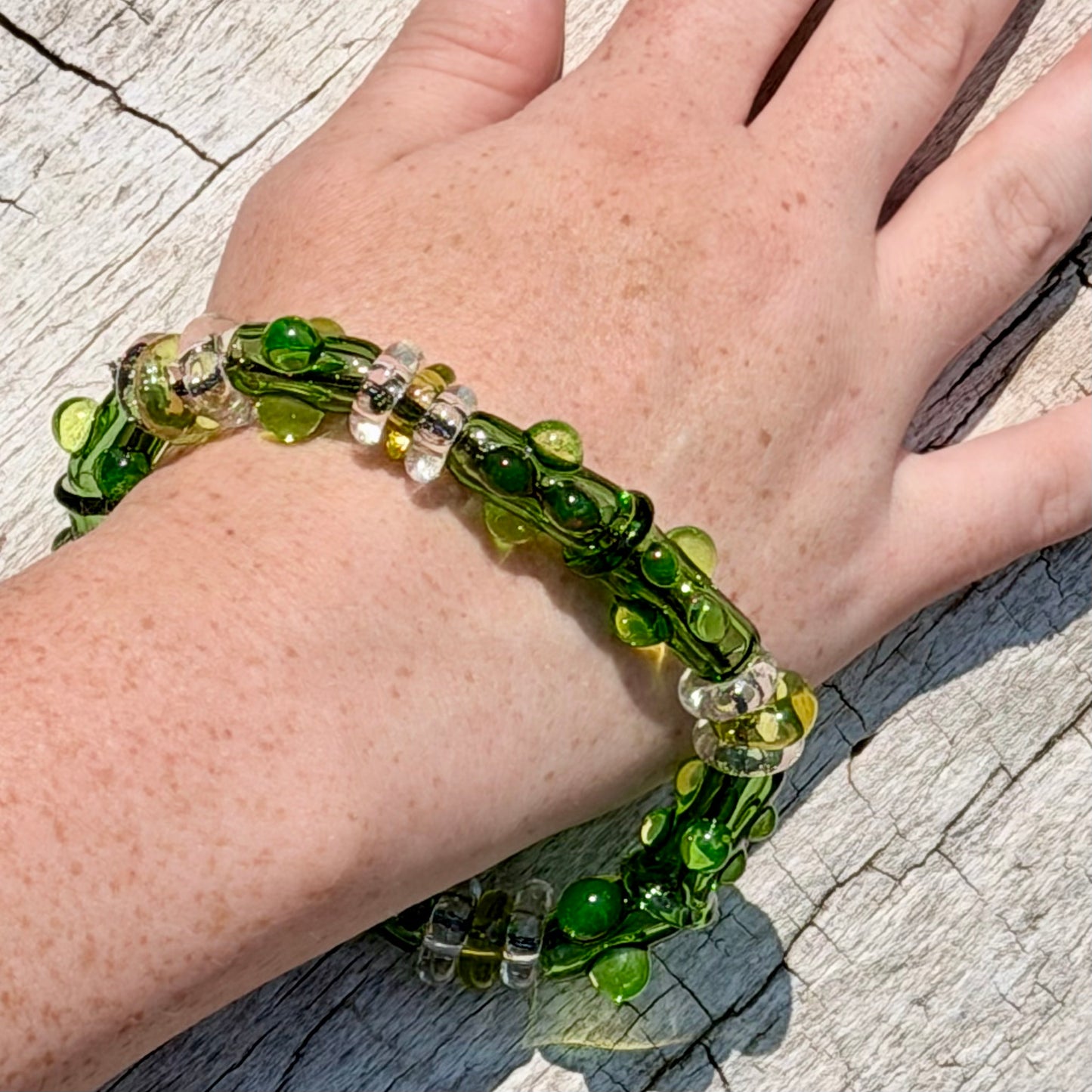 Stretchy  Green Glass Bracelet and dots that Glow Bright Green Under Black Light