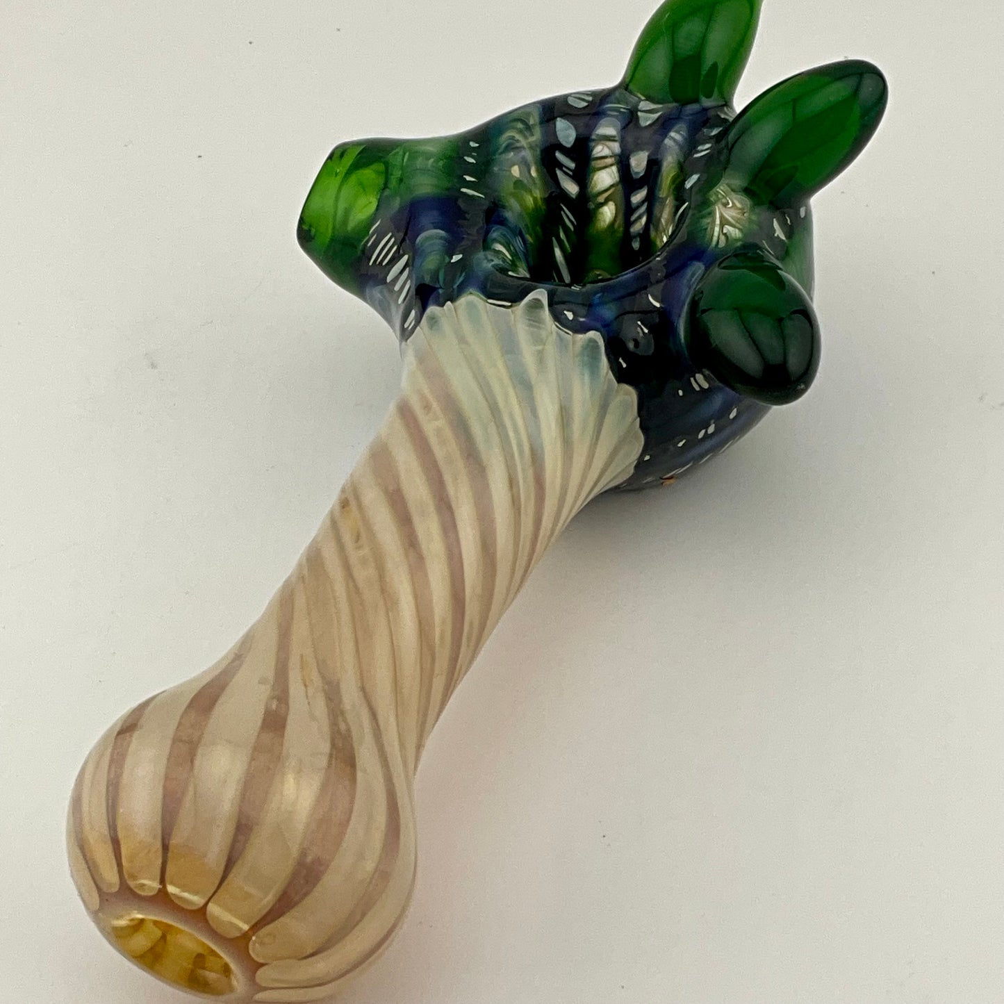 Wrap n Rake Twist Green and Silver Fumed Spoon Pipe with light blue marbles
