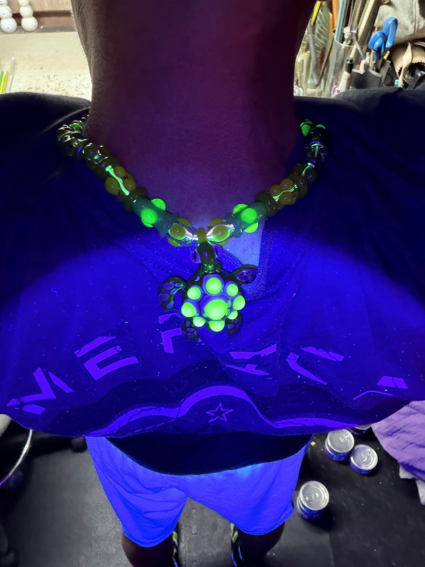Stretchy Jade Green Glass Necklace with Turtle and dots that Glow Bright Green Under Black Light