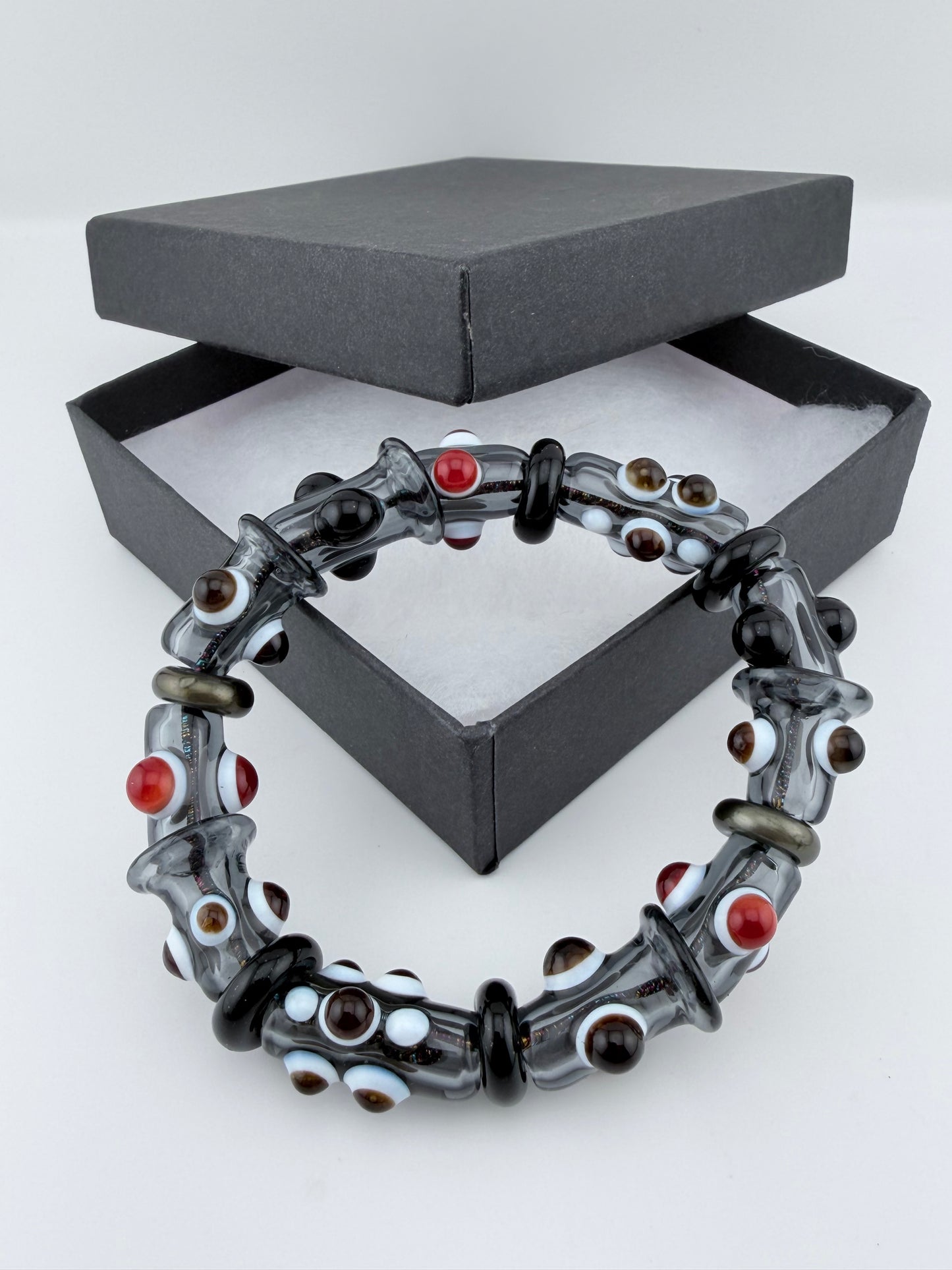 7inch Black & Grey Glass Stretchy Bracelet – Handmade Borosilicate Jewelry