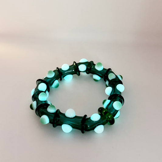 Blue Green with Glow n the Dark Dots Glass Stretchy Bracelet - JeffBeckerGlass.com