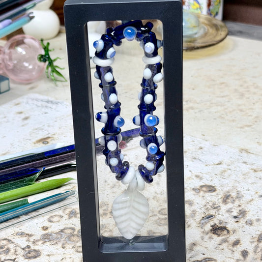 Blue with Glow n the Dark Dots and Leaf Pendant Glass Stretchy Bracelet - JeffBeckerGlass.com
