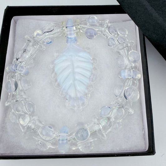 Stretchy Clear Moonstone Glass Bracelet with Moonstone Leaf and accent dots (Not UV Reactive) - JeffBeckerGlass.com