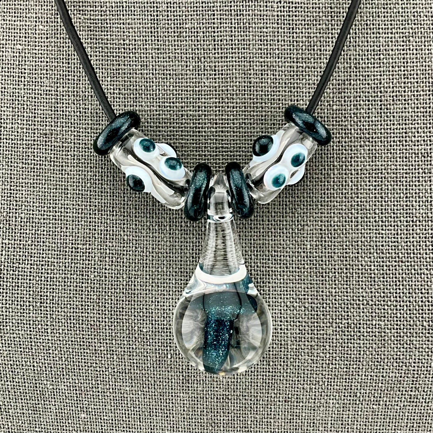 Dark Blue Sparkle Glass Mushroom with accent beads finished necklace