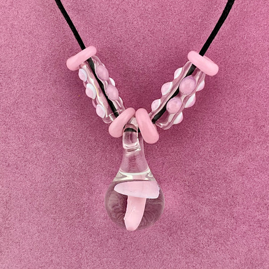Pink Glass Mushroom with accent beads finished necklace