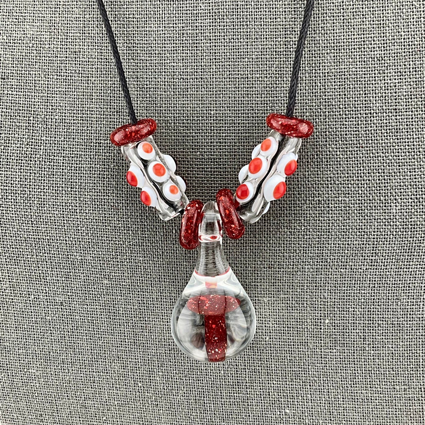Red Blizzard Glass Mushroom with accent beads finished necklace