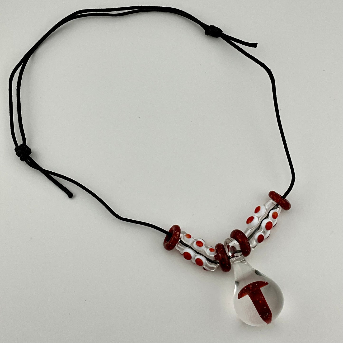 Red Blizzard Glass Mushroom with accent beads finished necklace