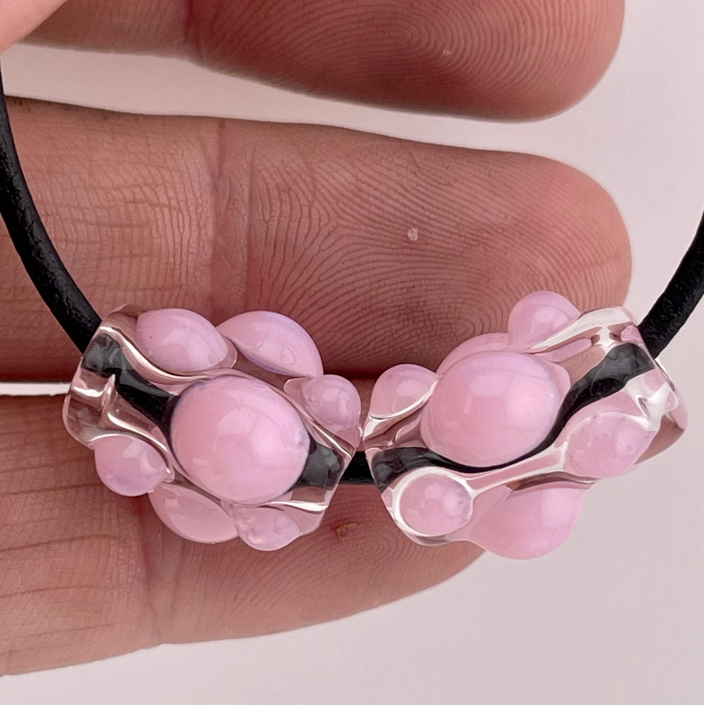 Clear Glass Barrel Bead with Pink Marbles