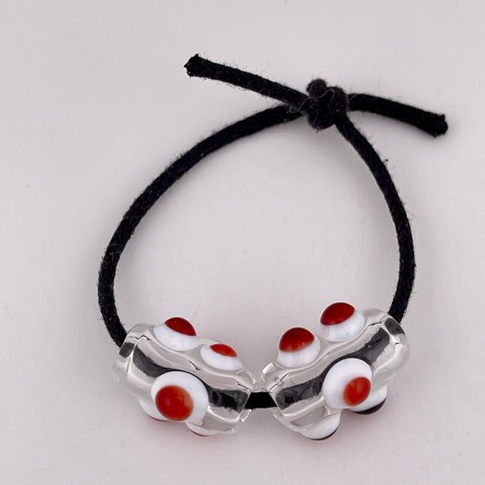 2 Clear Glass Barrel Bead with Red over White Marbles