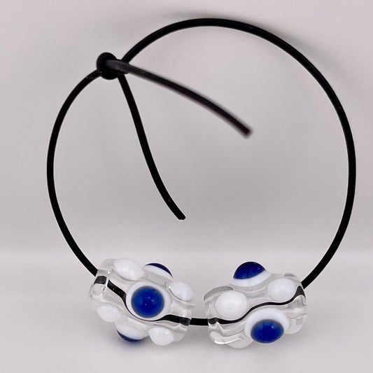 2 Clear Glass Barrel Bead with Blue over White Marbles