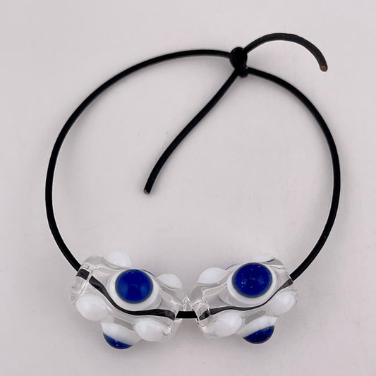 2 Clear Glass Barrel Bead with Blue over White Marbles