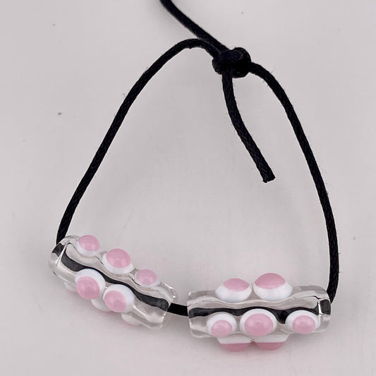2 Clear Glass Barrel Bead with Pink over White Marbles