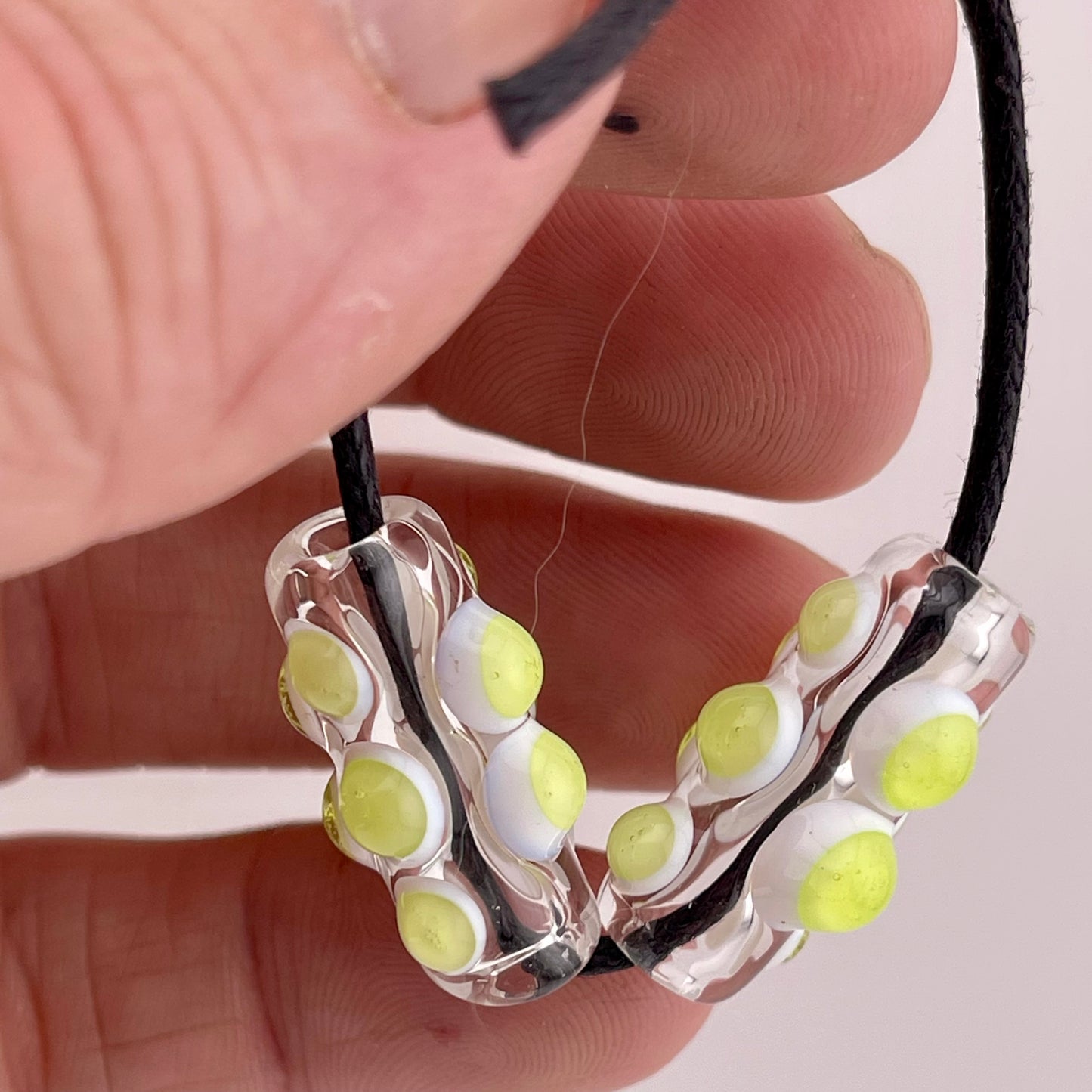 2 Clear Barrel Bead with Slime Green over White Marbles