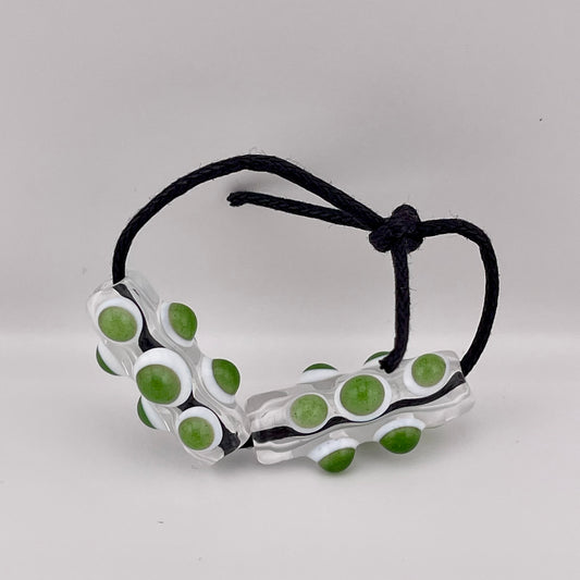 2 Clear Glass Barrel Bead with sparkly Green over White Marbles
